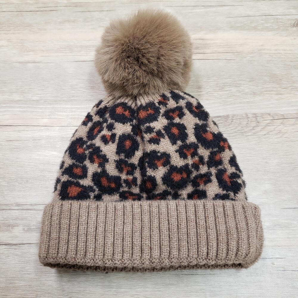 SIAOMIMI Hat Beanie Girls One Size Brown Leopard Faux Fur Pom Lined Knit Winter